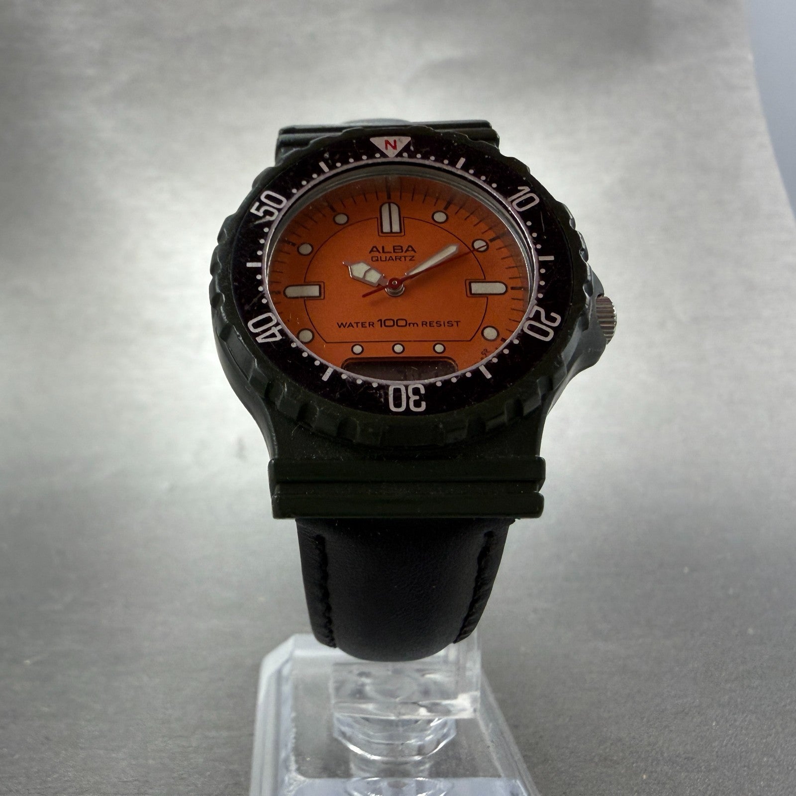 Seiko Alba Dive Analog Digital Watch Women 34mm Orange Dial Green Tone New Batt4