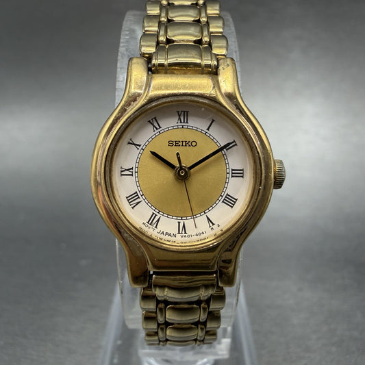 Seiko Watch Women 19mm White Dial Gold Tone Round V401-0289 New Battery OIHUGY0
