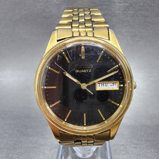 Seiko Watch Men 35mm Black Dial Gold Tone Daydate 7n43-8a39 New Battery READ