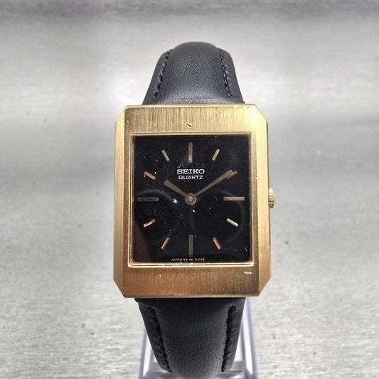 Seiko Watch Men 23mm Black Dial Gold Tone Rectangle 43-3049 New Battery Vintage0