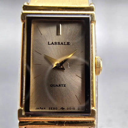 Seiko Lassale Watch Women 12mm Gold Dial Gold Tone Rectangle 2E50-5009 New Batt1