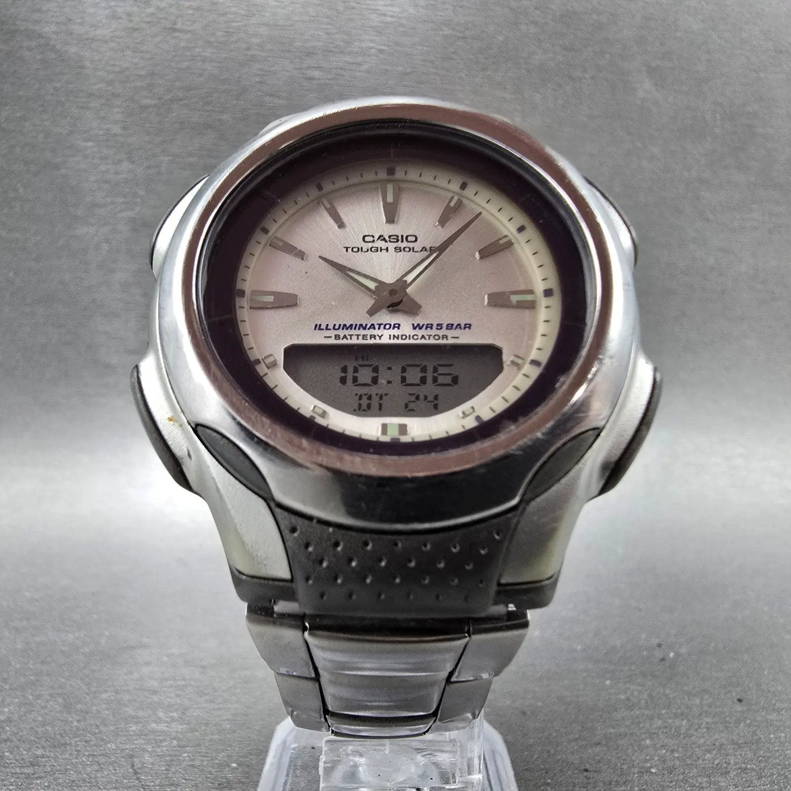 Casio AW-S90 Watch Men 41mm Silver Dial Silver Tone Analog Digital Solar Works5