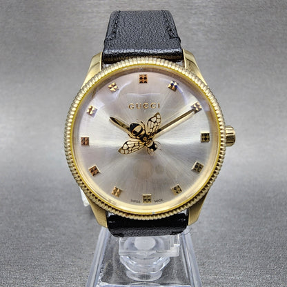 Gucci G-Timeless Watch Women 29mm Silver Dial Gold Tone Round Leather YA1265023