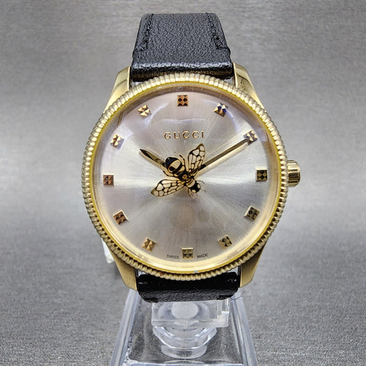 Gucci G-Timeless Watch Women 29mm Silver Dial Gold Tone Round Leather YA1265023