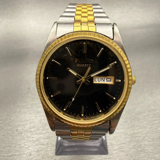 Pulsar President Watch Men 35mm Black Dial Two Tone Daydate  V533-8B50 New Batt0