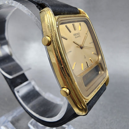 Seiko analog Digital Watch Men 30mm Champagne Dial Gold Tone H449-5060 New Batt