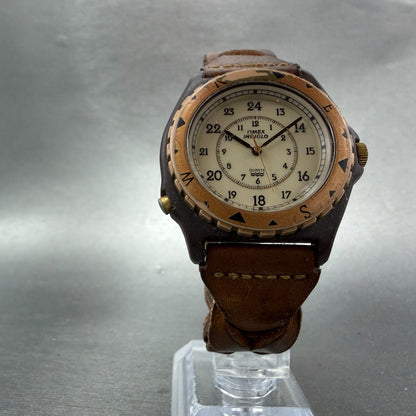 Timex Indiglo Watch Men 38mm Cream Dial Brown Tone Round New Battery VTG5