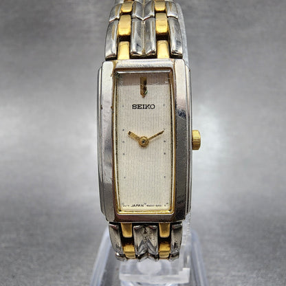 Seiko Tank Watch Women 15mm Cream Dial Two Tone Rectangle 4N007089 New Battery0
