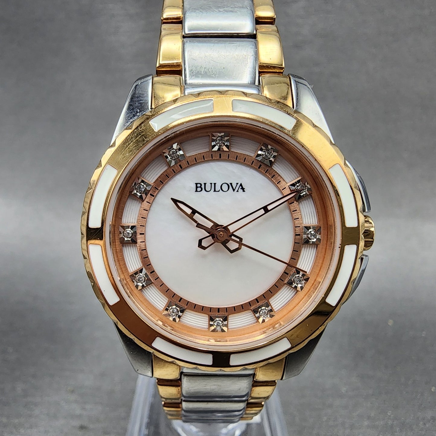 Bulova Diamond Watch Women 32mm MOP Dial Two Tone Round 98P134 New Battery0