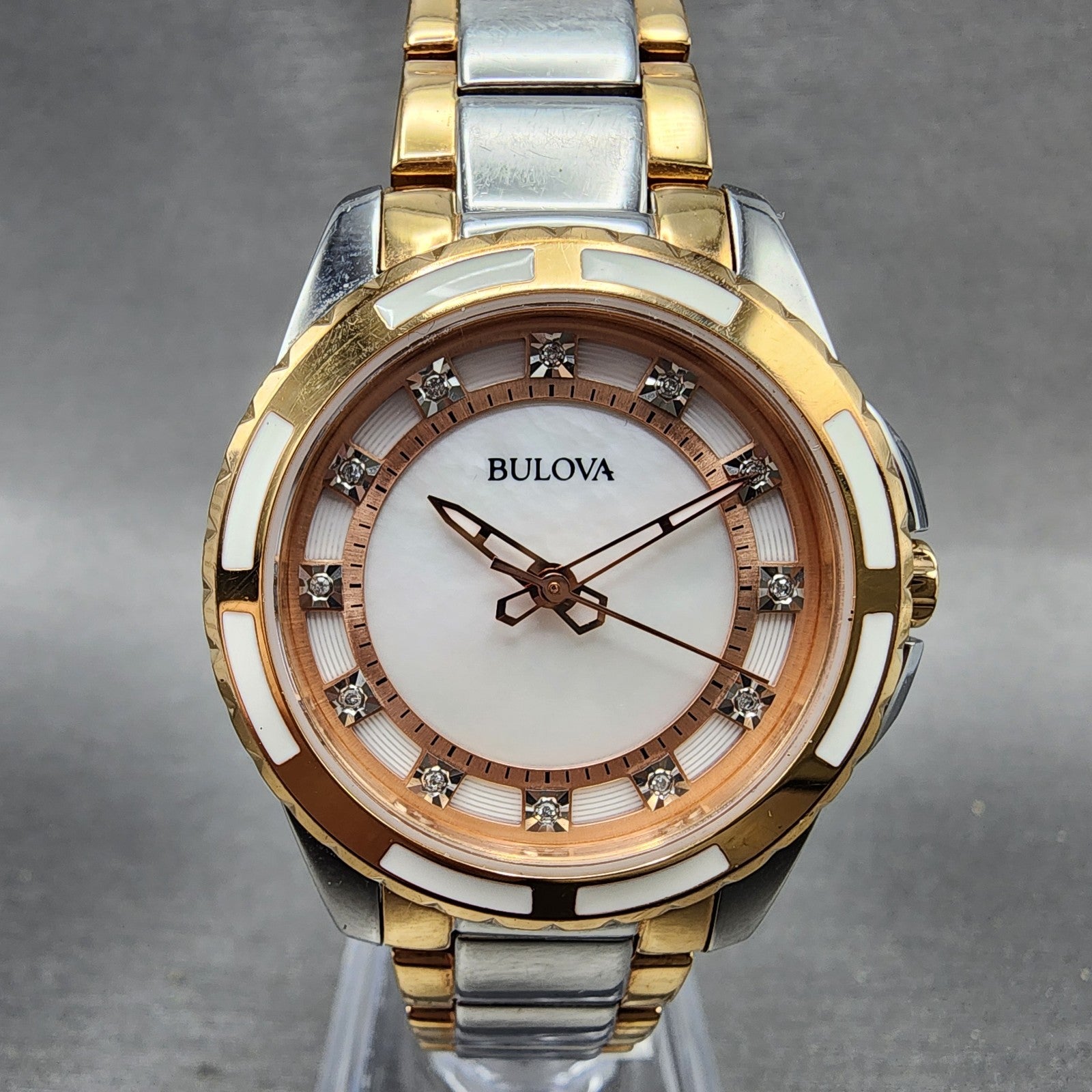 Bulova Diamond Watch Women 32mm MOP Dial Two Tone Round 98P134 New Battery0