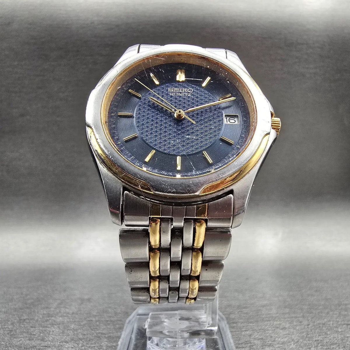 Seiko Watch Men 37mm Blue Dial Two Tone Date Round 7N42-7A90 New Battery Vintage5