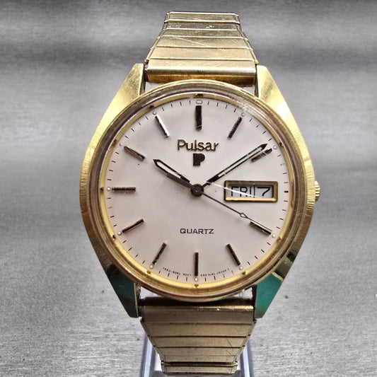 Seiko Pulsar Watch Men 36mm Silver Dial Gold Tone Daydate Y563-8449 New Battery0