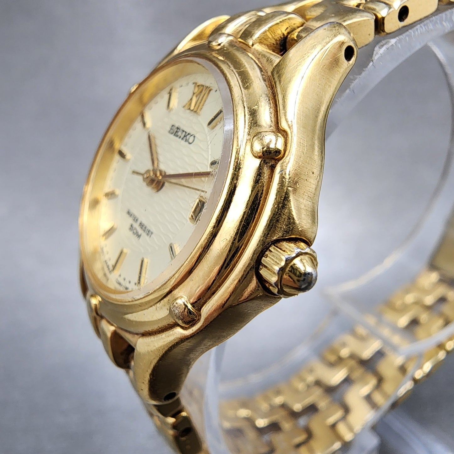 Seiko Watch Women 26mm Champagne Dial Gold Tone Date Round 7n820599 New Battery2