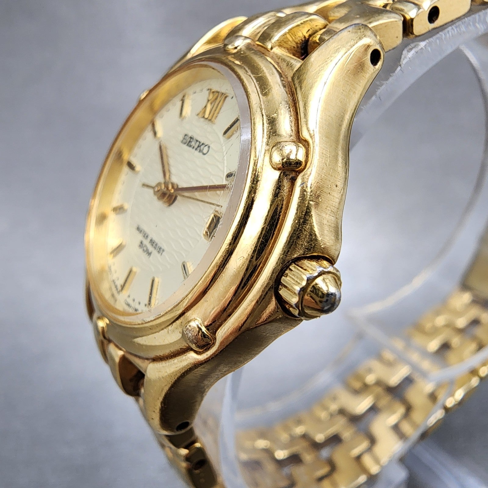 Seiko Watch Women 26mm Champagne Dial Gold Tone Date Round 7n820599 New Battery2