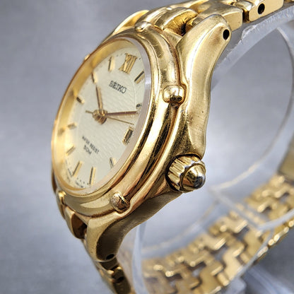 Seiko Watch Women 26mm Champagne Dial Gold Tone Date Round 7n820599 New Battery2