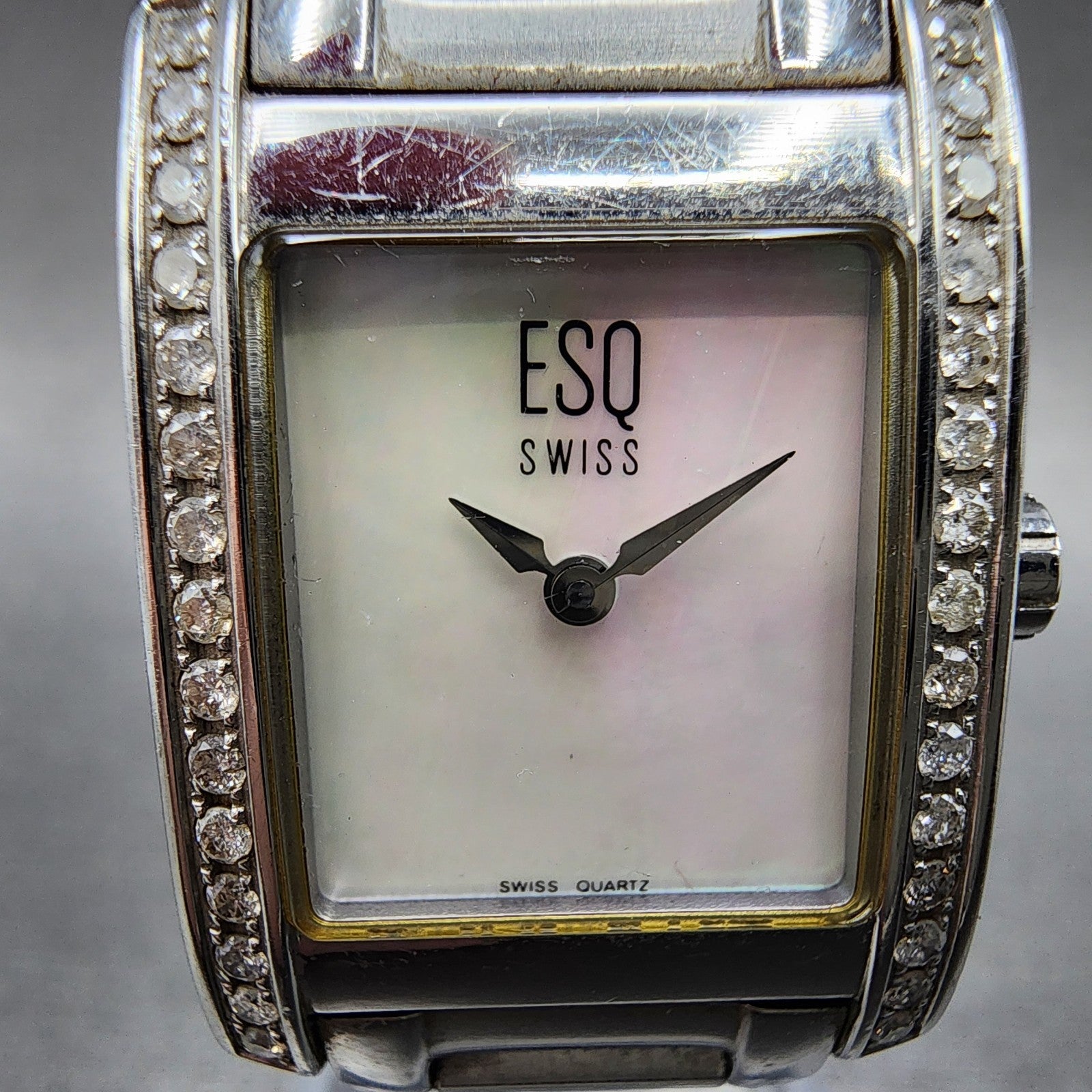 ESQ Tank Watch Women 21mm MOP Dial Silver Tone Diamond Bezel E5093 New Battery1