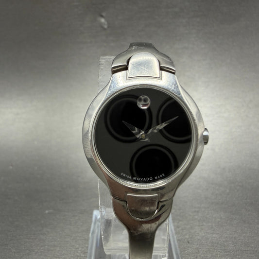 Movado Kara Watch Women 24mm Black Dial Steel Round 84-A1-1846 New Battery ABCD0