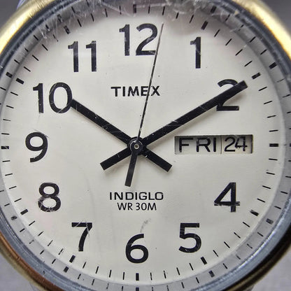 Timex Indiglo Watch Men 35mm White Dial Two Tone Daydate Round New Battery1