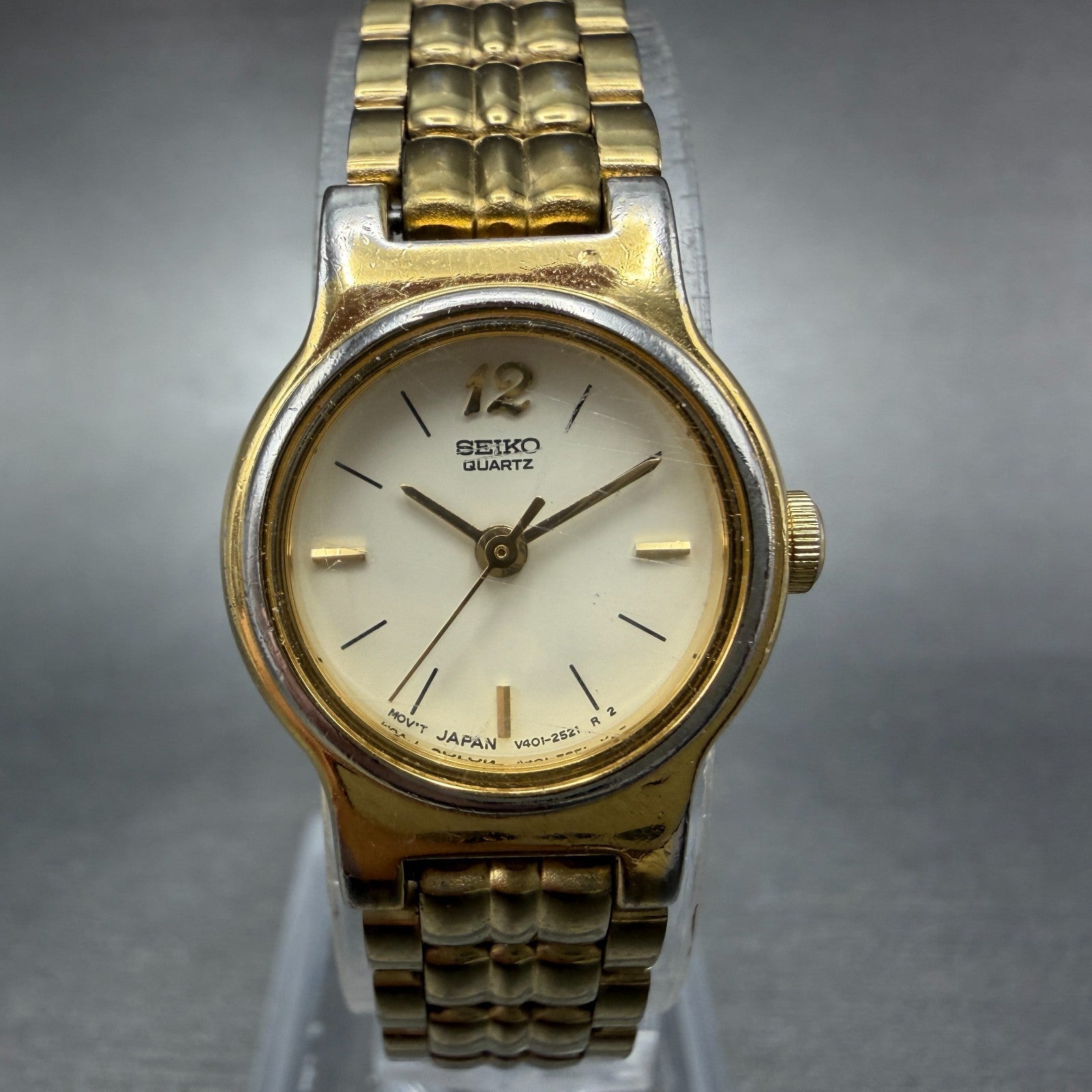 Seiko Watch Women 19mm Cream Dial Gold Tone Round Vintage V401-0988 New Battery1