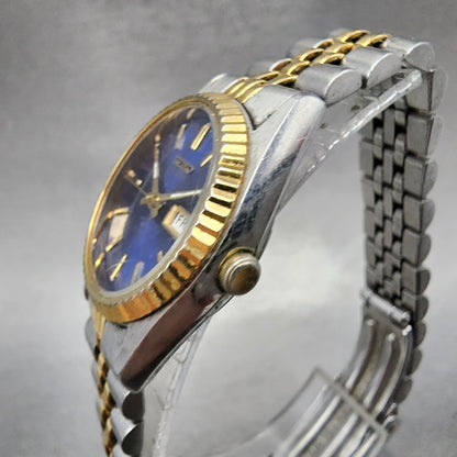 Seiko Watch Women 24mm Blue Dial Two Tone Daydate Round 7N830049 New Batt AB122