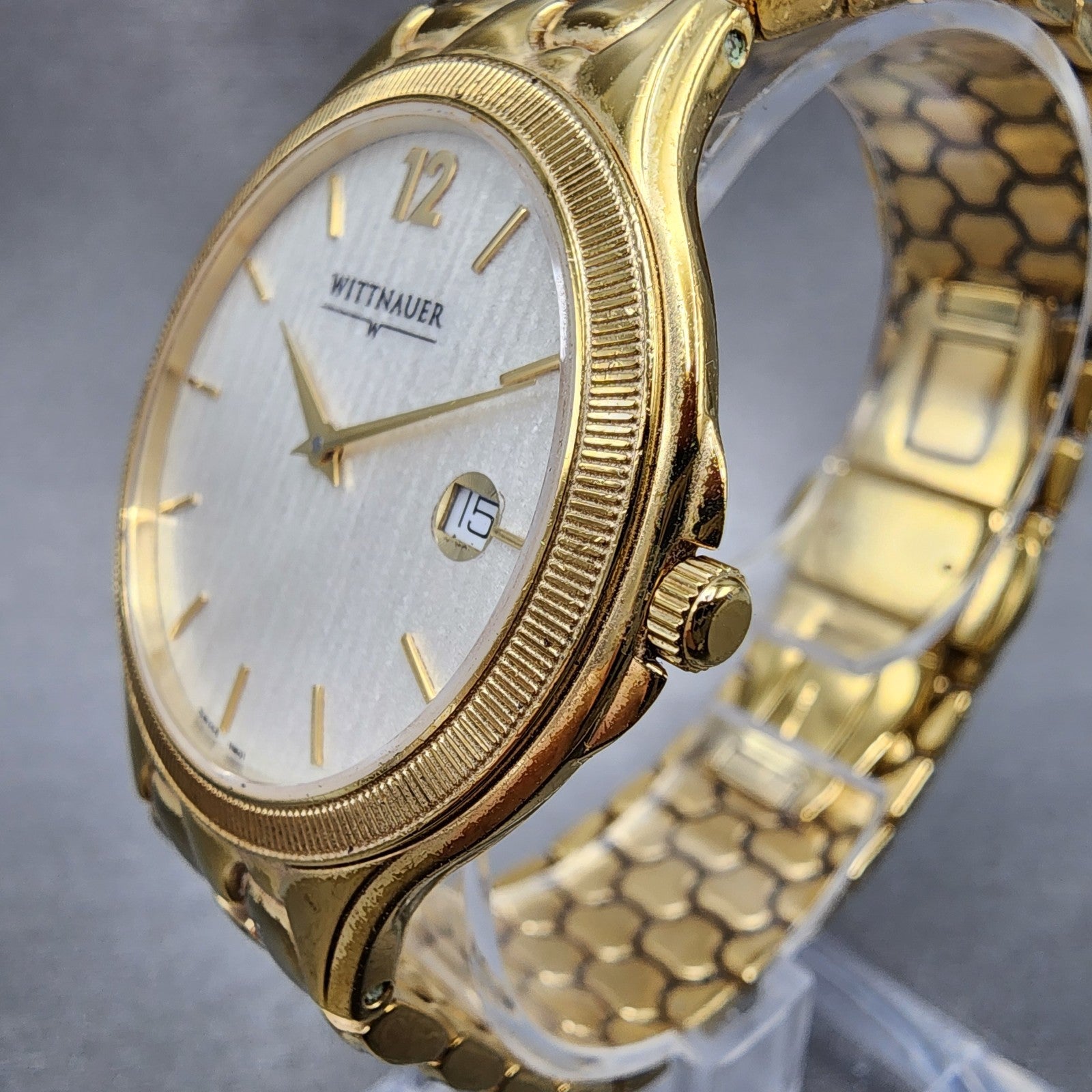Wittnauer Watch Men 35mm White Dial Gold Tone Date Round 11B01 New Battery2