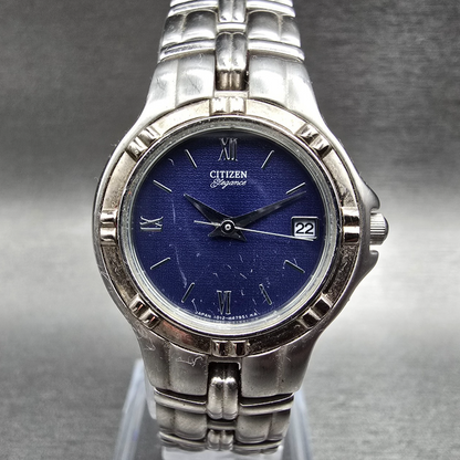Citizen Elegance Watch Women 25mm Blue Dial Silver Tone Date 1012-H27104 New Bat0