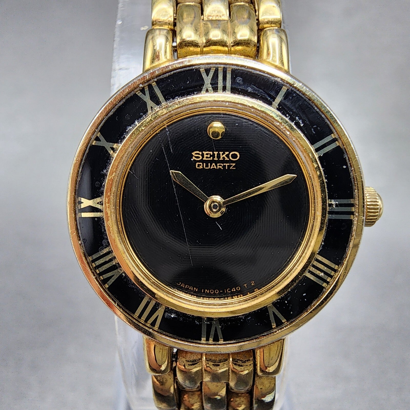 Seiko Watch Women 21mm Black Dial Gold Tone Round 1N000D29 New Battery1