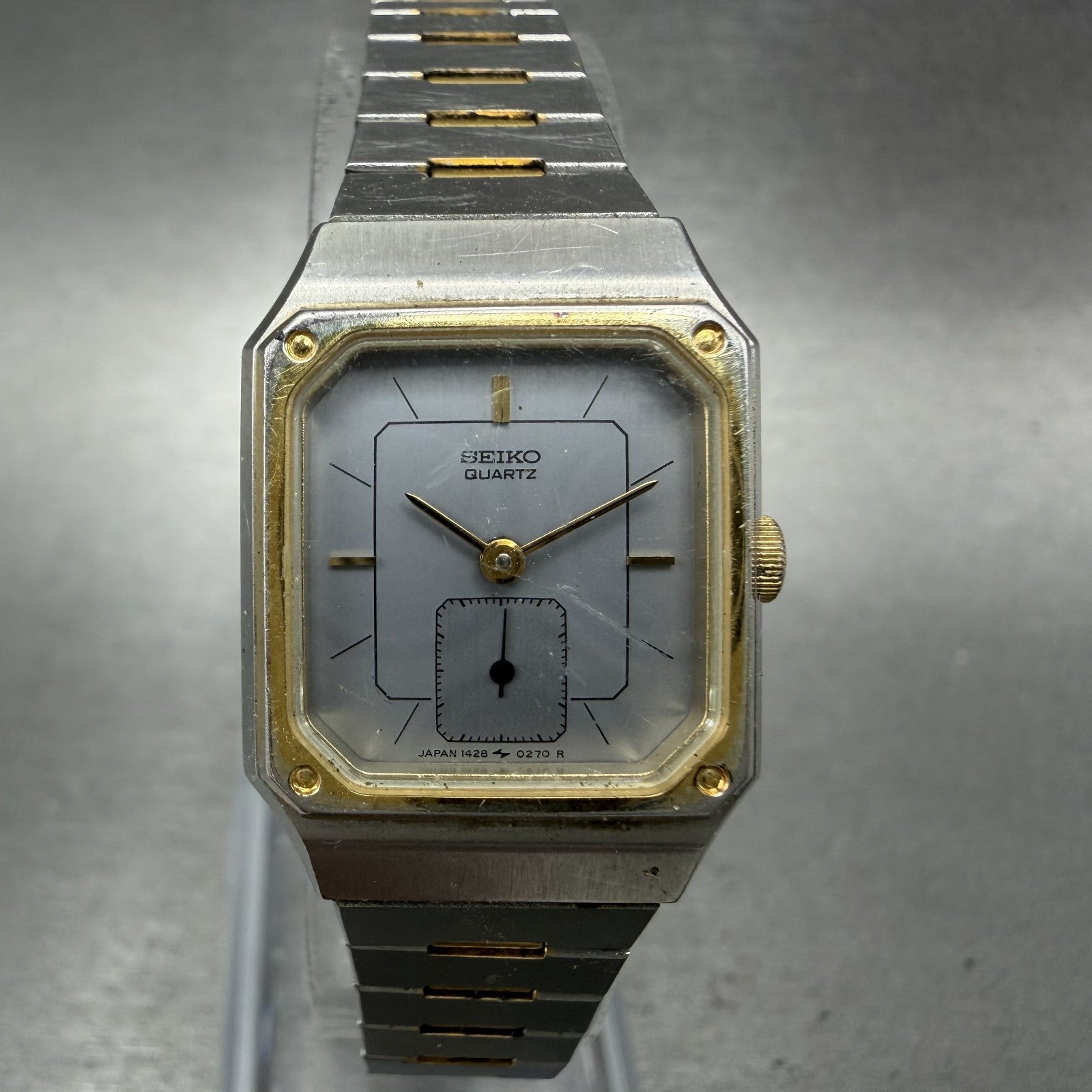 Seiko Tank Watch Women 20mm Silver Dial Two Tone Rectangle 14285089 New Battery0