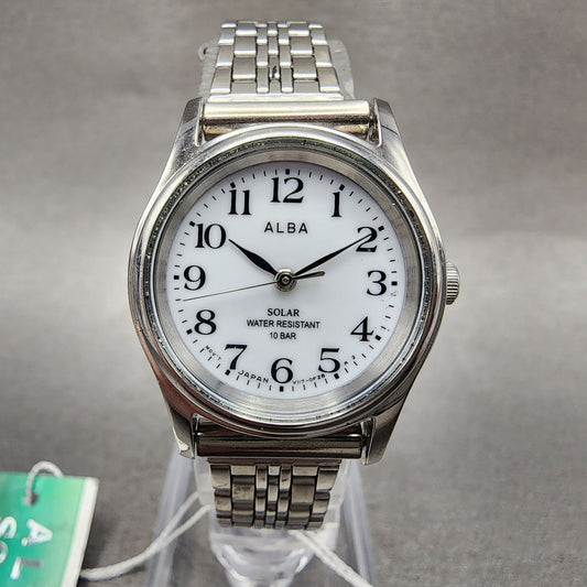 Seiko ALBA Solar Watch Women 25mm White Dial Silver Tone Round V1170AP0 Works0