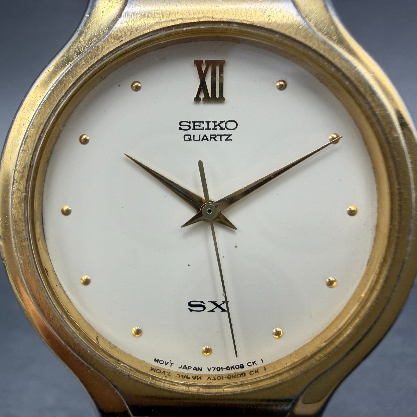 Seiko SX Watch Men 34mm Cream Dial Gold Tone Round Vinatge V701-6K00 New Battery1