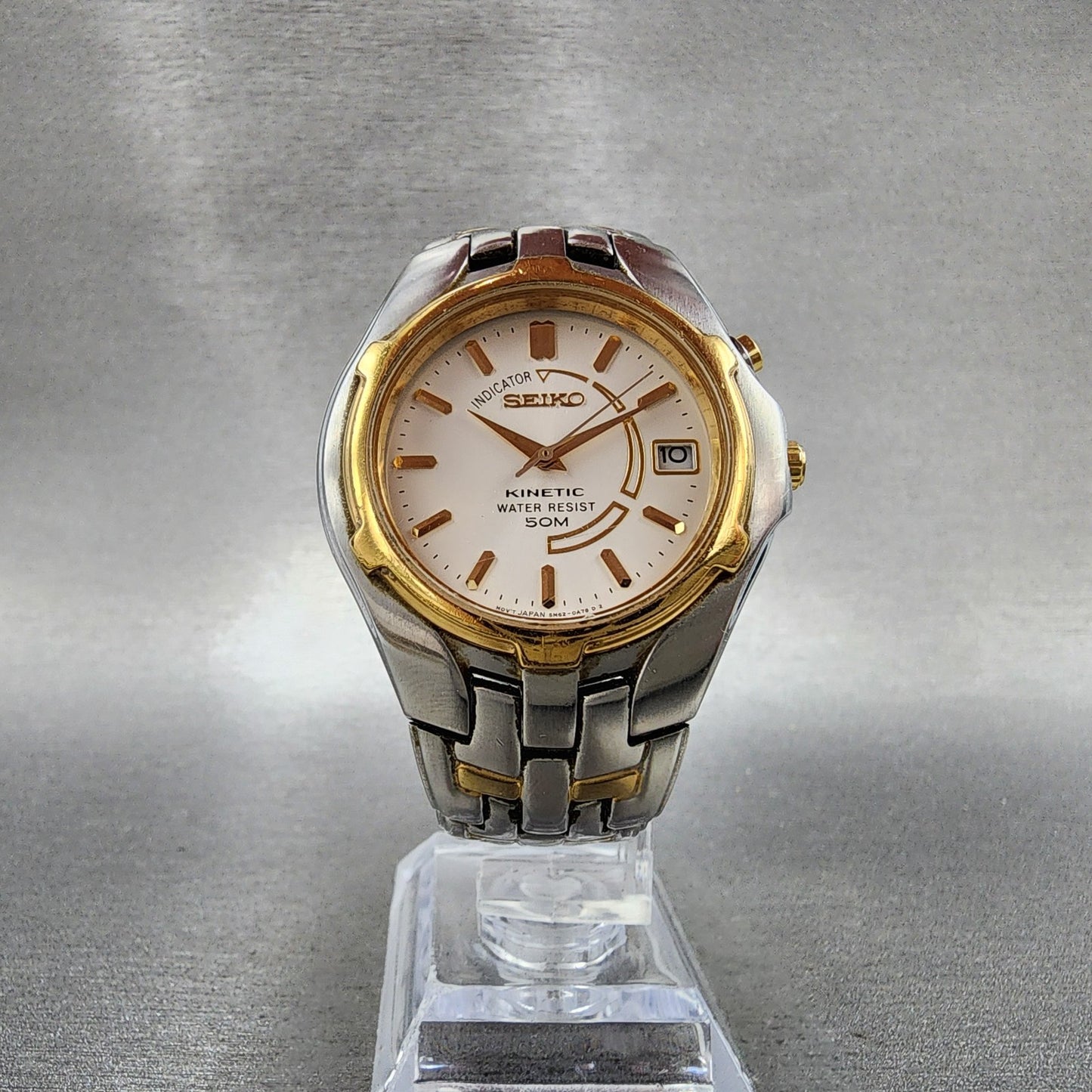 Seiko Kinetic Watch Men 37mm White Dial Two Tone Date 5m620a89 New Cap7