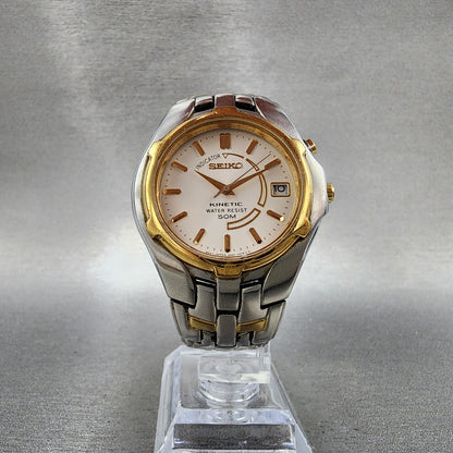 Seiko Kinetic Watch Men 37mm White Dial Two Tone Date 5m620a89 New Cap7