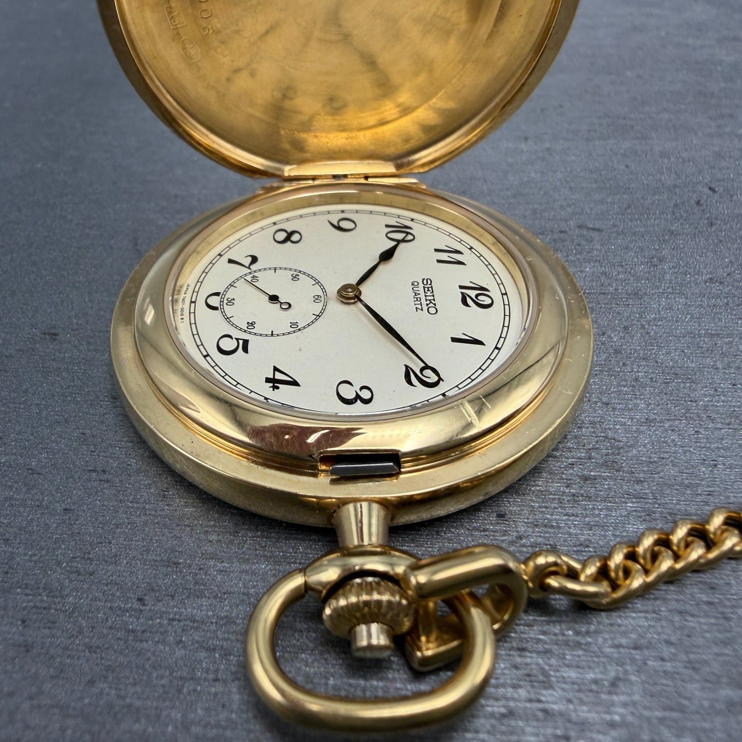 Seiko Pocket Watch Men 42mm Champagne Dial Gold Tone Round 7N07-001A New Batt 423