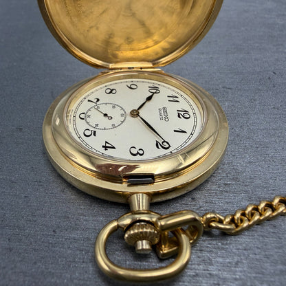 Seiko Pocket Watch Men 42mm Champagne Dial Gold Tone Round 7N07-001A New Batt 423