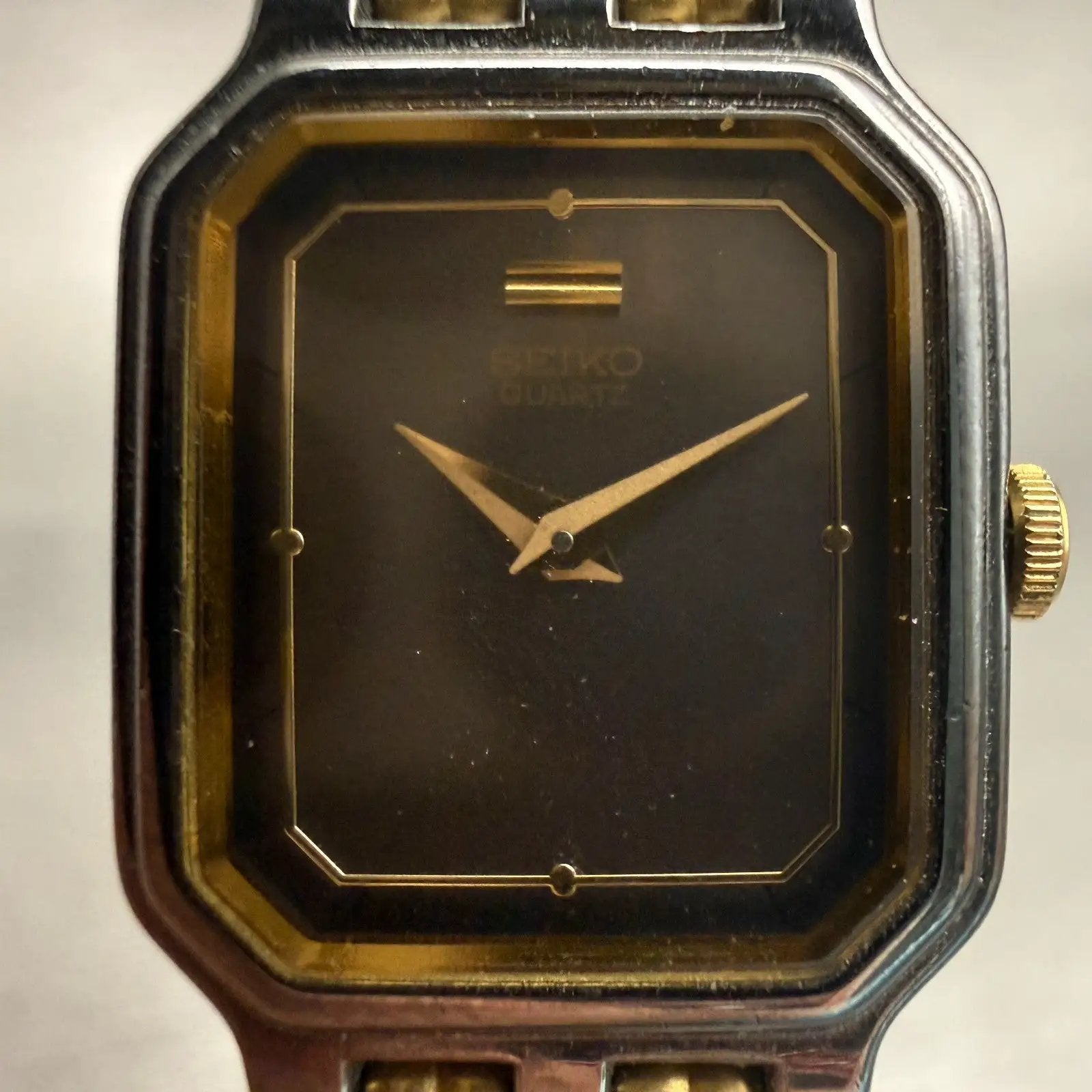 Seiko Watch Women 18mm Black Dial Two Tone Rectangle 2Y00-5569 New Battery VTG1