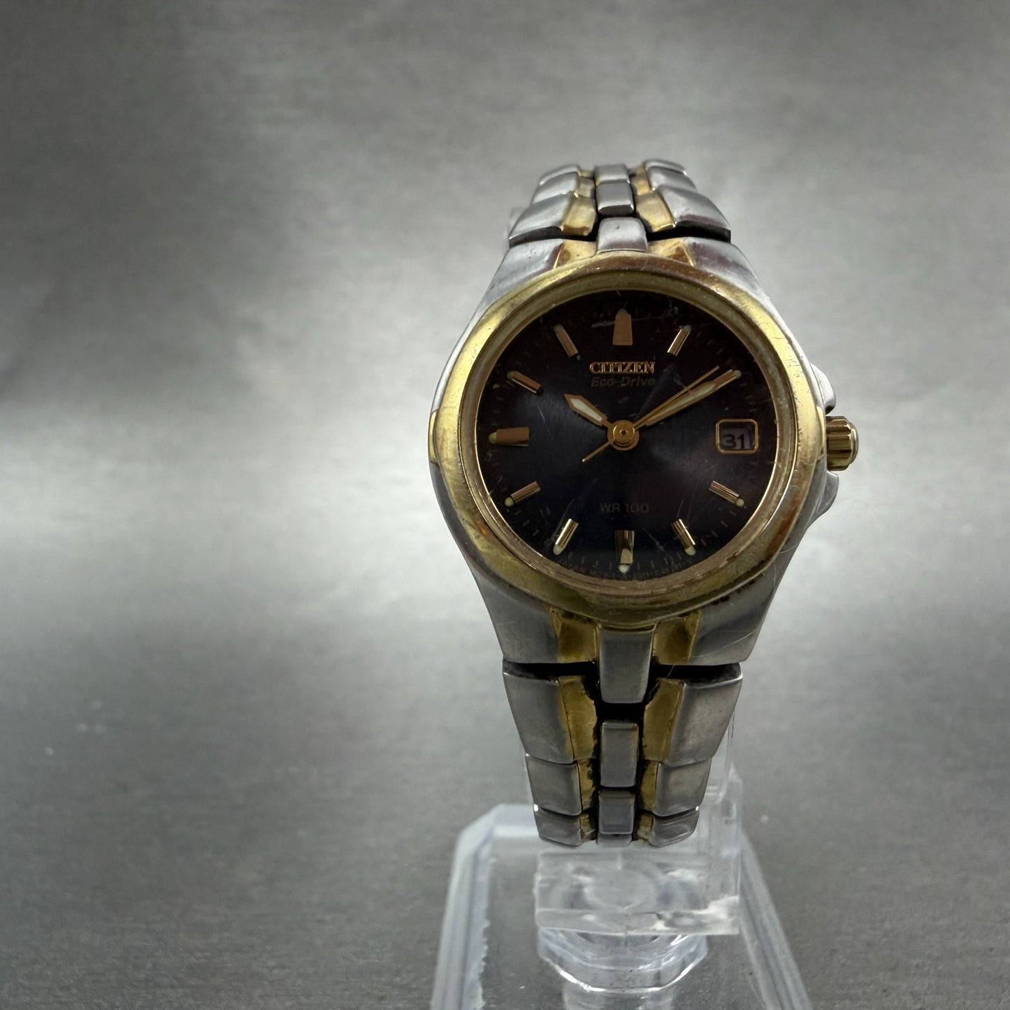 Citizen Eco-Drive Watch Women 24mm Black Dial Two Tone Date E011-K15711 Runs5