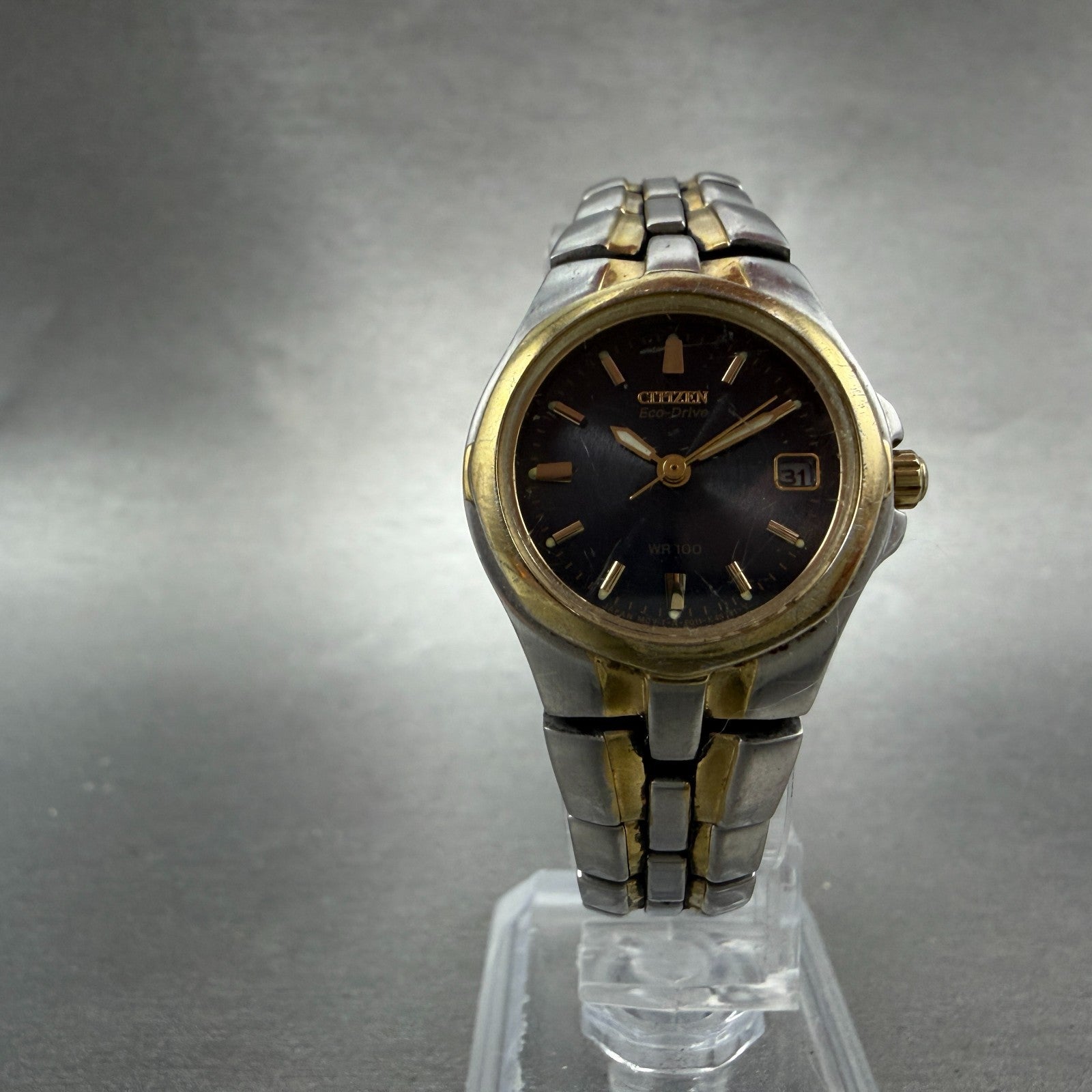 Citizen Eco-Drive Watch Women 24mm Black Dial Two Tone Date E011-K15711 Runs5