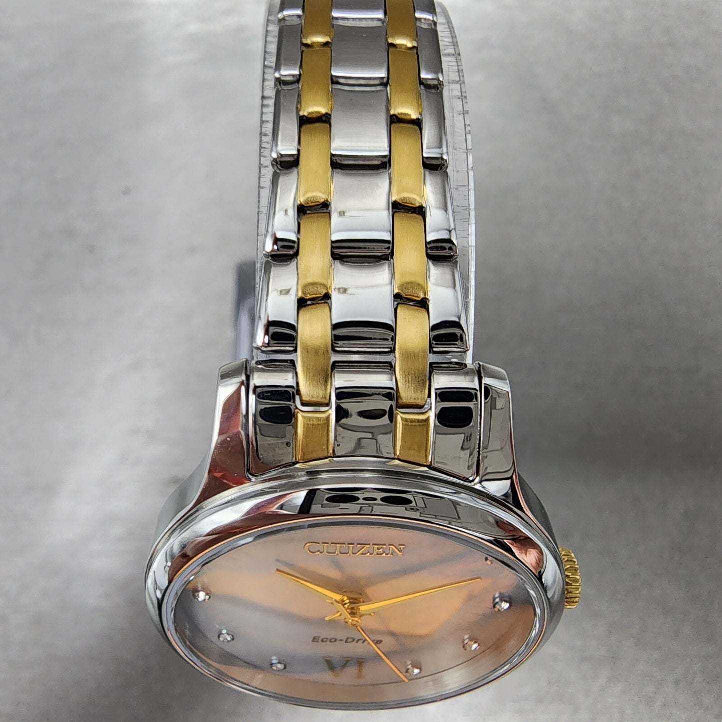 Citizen Eco-Drive Watch Women 31mm MOP Dial Two Tone Crystal Markers EM0894-50D