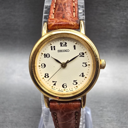 Seiko Watch Women 22mm Ivory Dial Gold Tone Round 1N01-0K40 New Battery VTG JP0