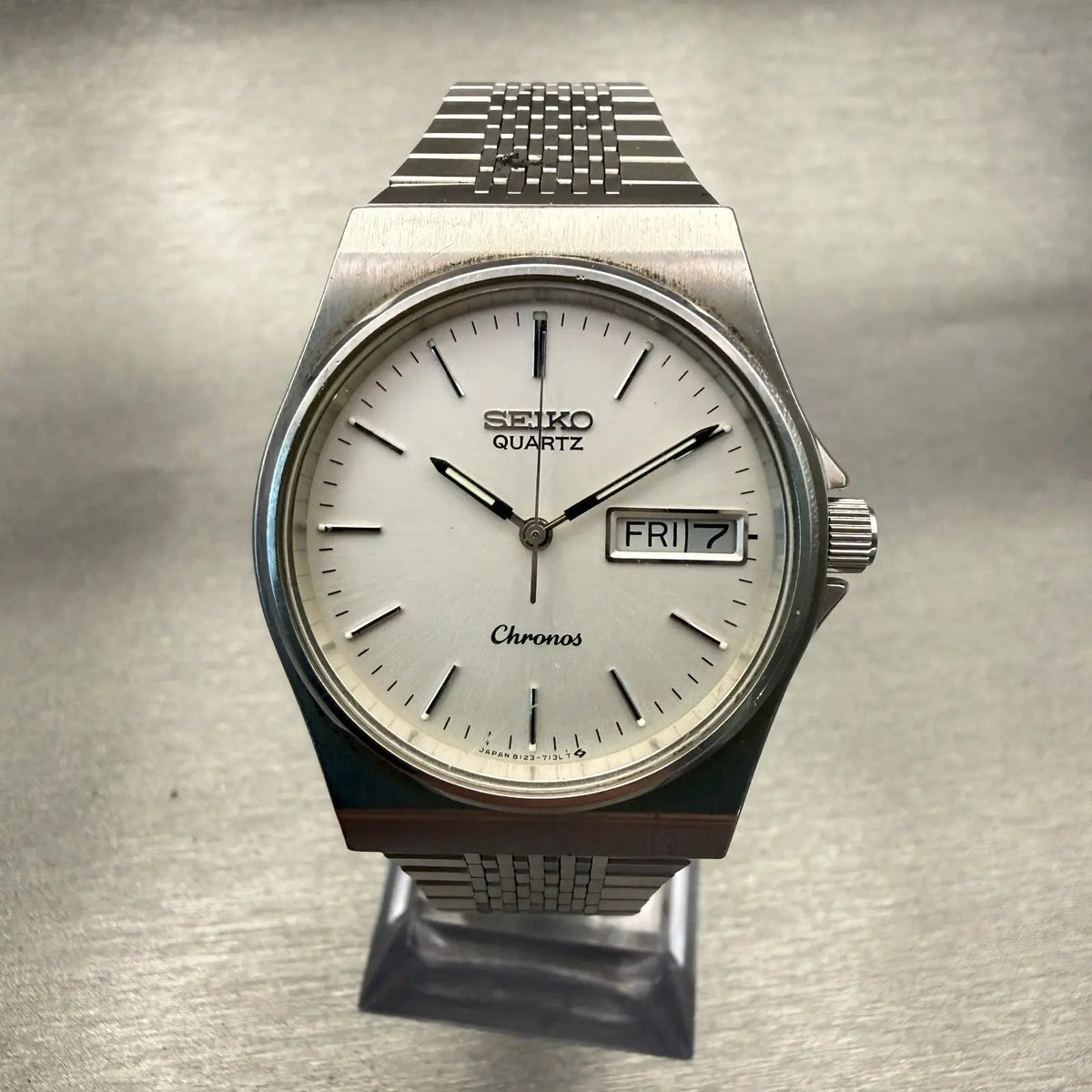 Seiko Chronos Watch Men 34mm Silver Dial Silver Tone Daydate 8123-7090New Batt0