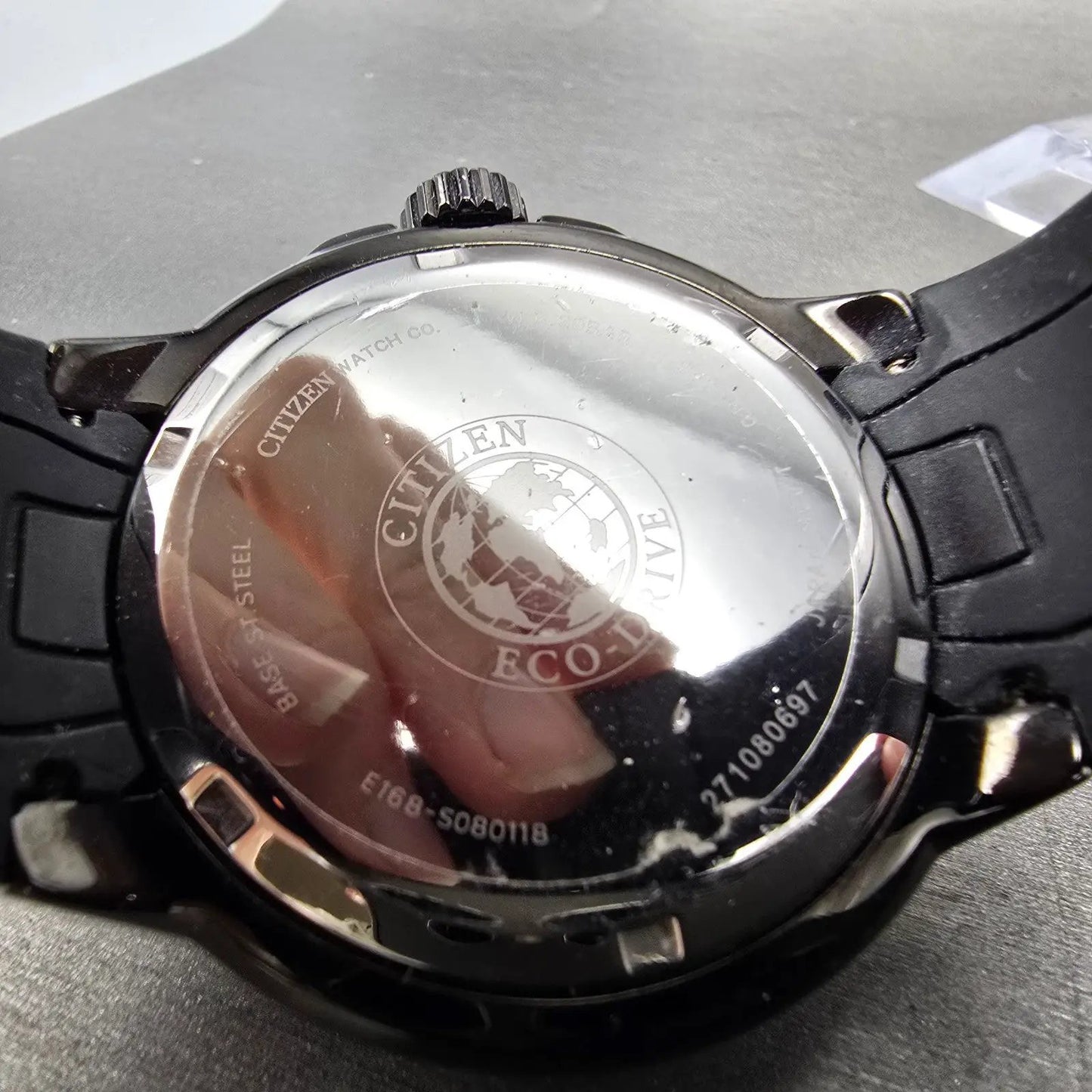 Citizen Eco-Drive Scuba Fin Watch Men 46mm Black Dial Black Date Round Works9
