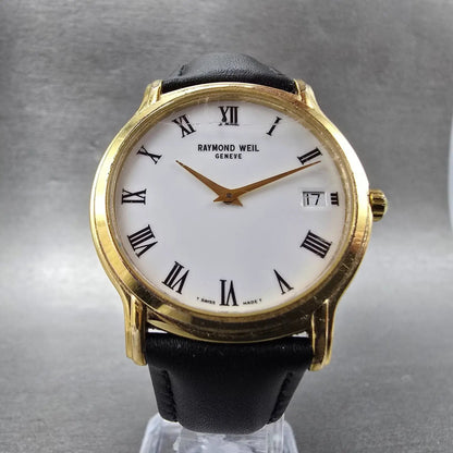 Raymond Weil Watch Men 34mm White Dial Gold Tone Date Round 5569 New Battery5