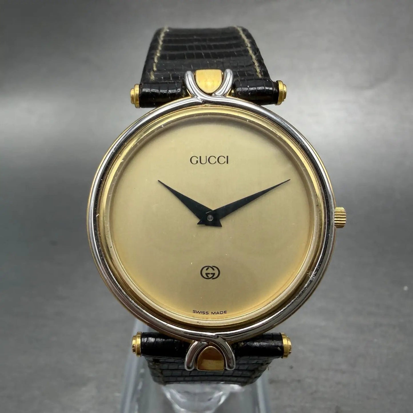 Gucci 4500m Watch Men 32mm Black Dial Gold Plated Round Leather Band New Batt AB0