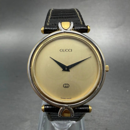 Gucci 4500m Watch Men 32mm Black Dial Gold Plated Round Leather Band New Batt AB0