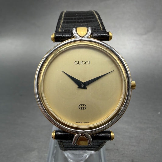 Gucci 4500m Watch Men 32mm Black Dial Gold Plated Round Leather Band New Batt AB0