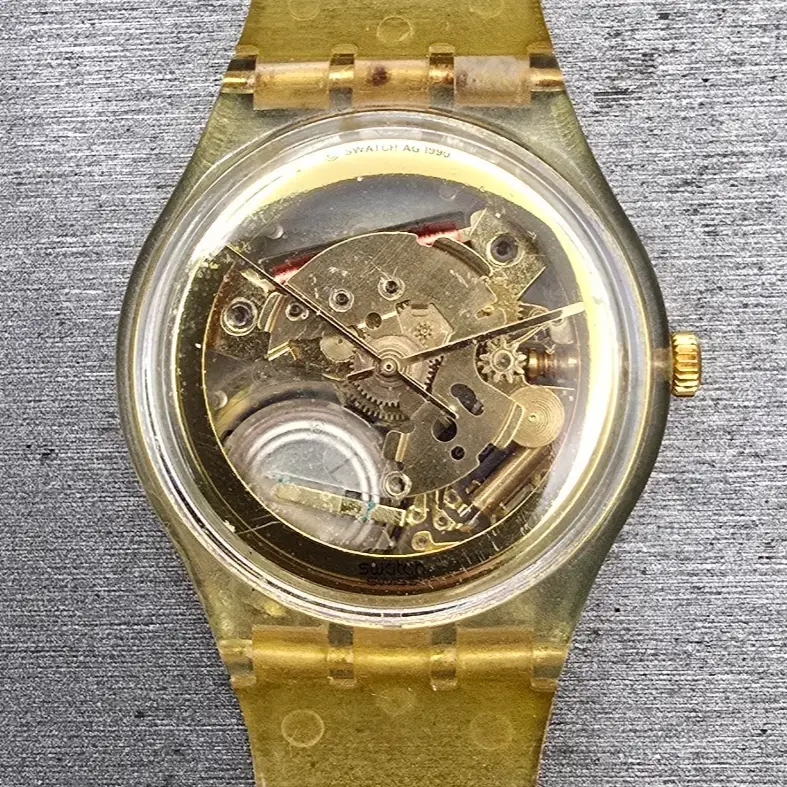 Swatch Golden Jelly Watch Men 34mm Skeleton Dial Clear Case READ! GZ115 New Batt1