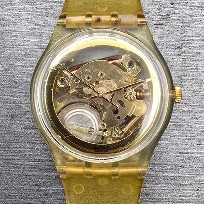 Swatch Golden Jelly Watch Men 34mm Skeleton Dial Clear Case READ! GZ115 New Batt1