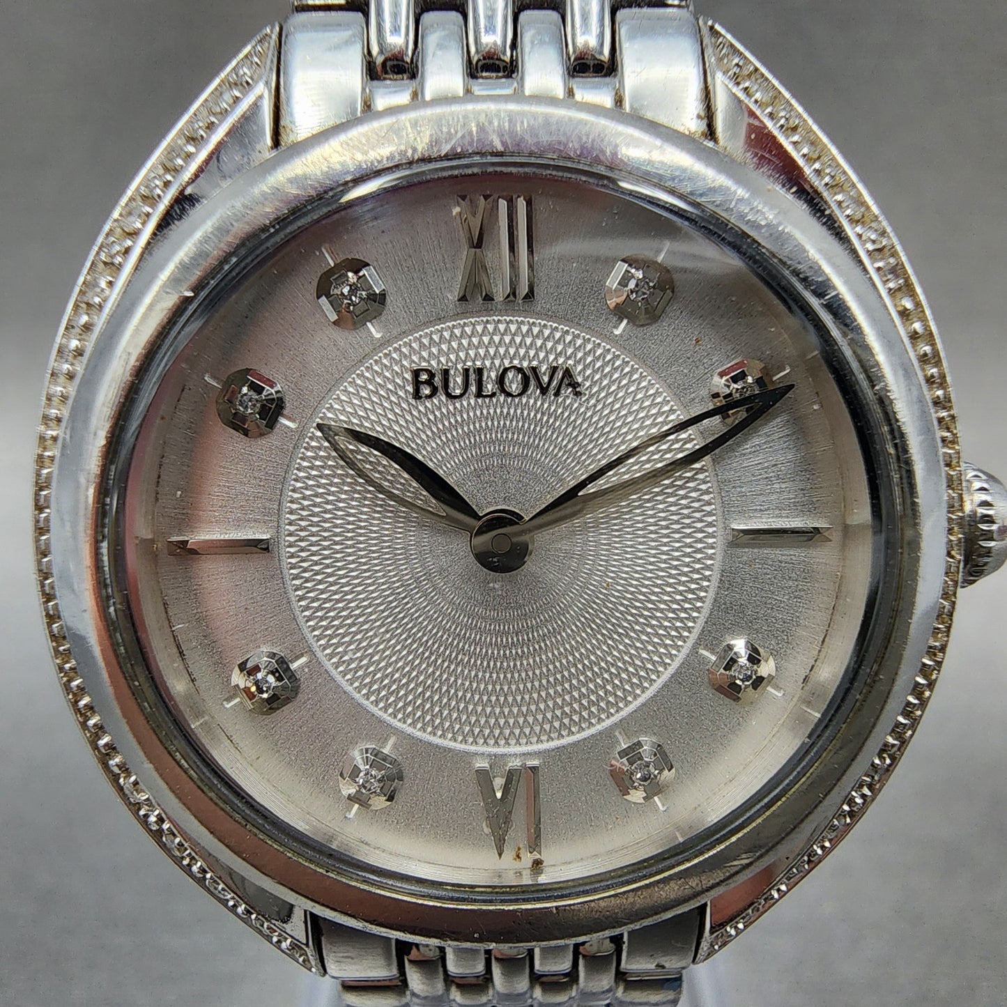 Bulova Diamond Watch Women 30mm Silver Dial Silver Tone 96R212 New Battery1
