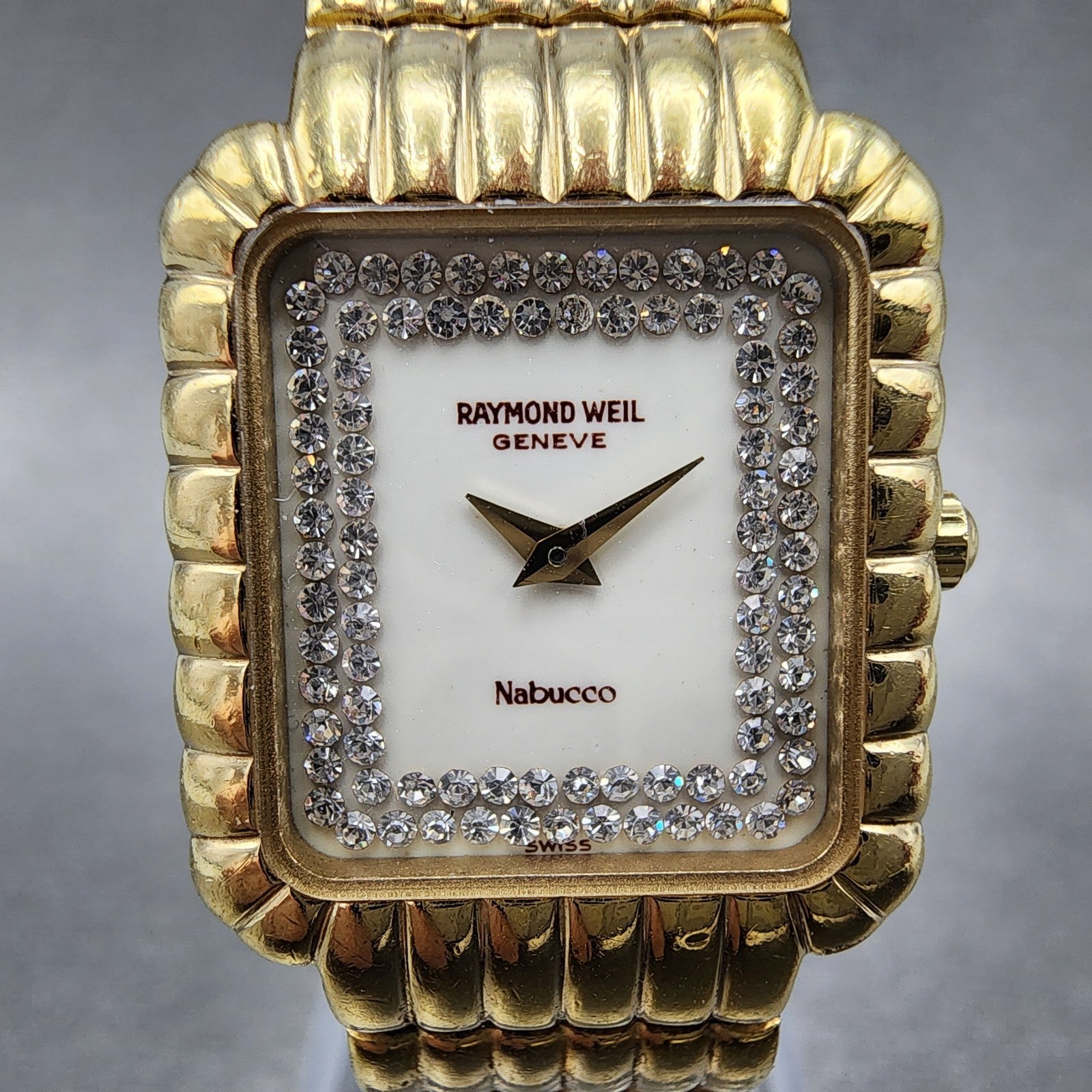 Raymond Weil Nabucco Tank Watch Women 21mm White Dial Gold Tone 37532 New Batt1