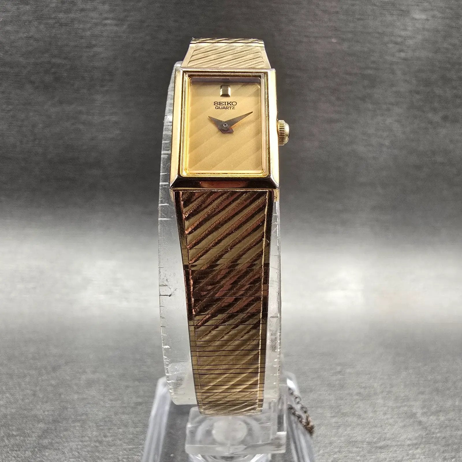Seiko Watch Women 13mm Gold Dial Gold Tone Rectangle 1E20-5109 New Battery VTG5
